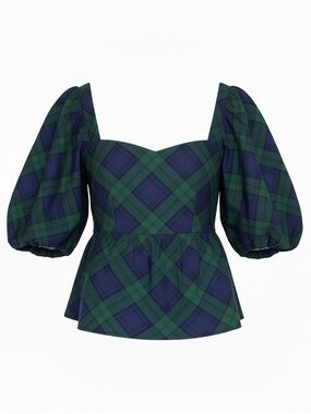 Old Navy Green and Navy Plaid Puff Sleeve Peplum Top